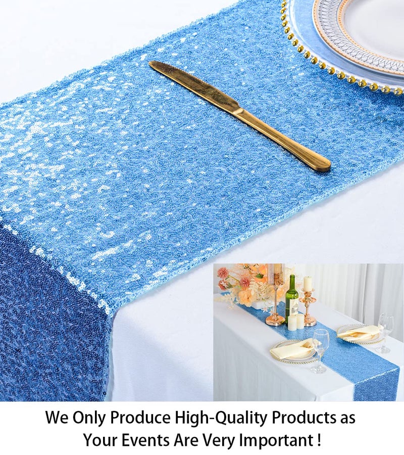 ShiDianYi Baby Blue Sequin Table Runner - 12''x72'' Decorative Dining Table Runner for Baby Shower - Image 2